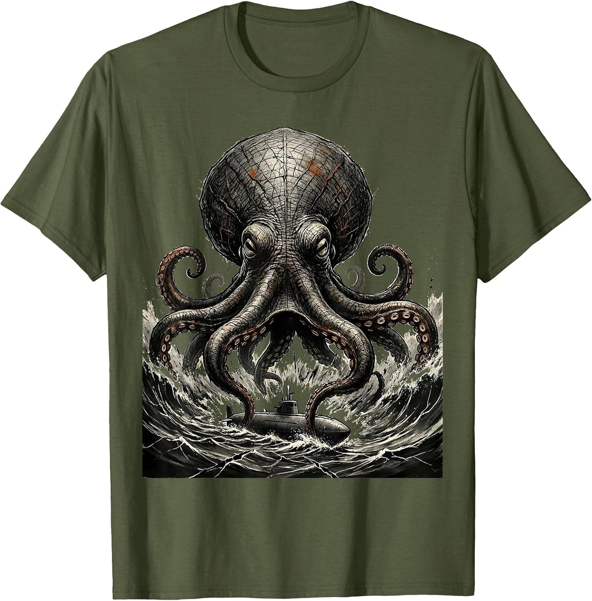Men's Kraken Erupting Distressed Sea Monster Octopus Lover T-Shirt - Olive Green