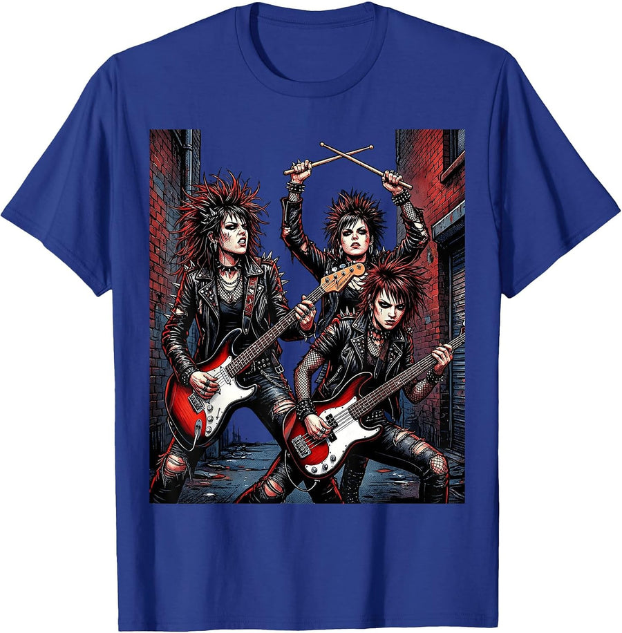 Punk Band Women in Alley Graphic Illustration T-Shirt - Royal Blue