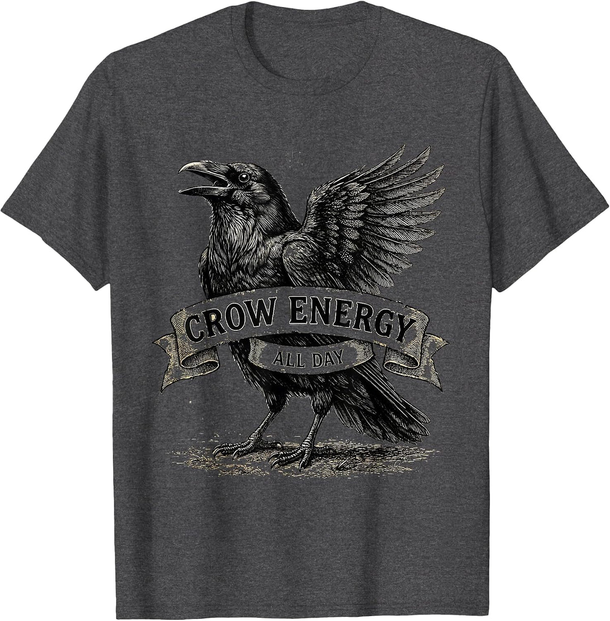 Crow Energy All Day Bold Bird Graphic Design T-Shirt - Dark Heather Grey