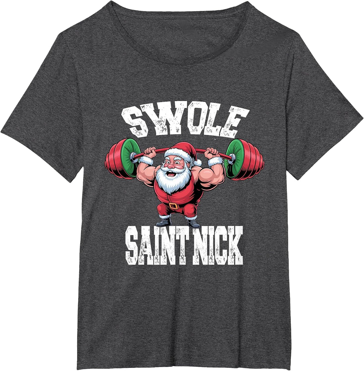 Weight Lifting Santa Claus Swole Saint Nick Pun Gym Joke T-Shirt - Dark Heather Grey