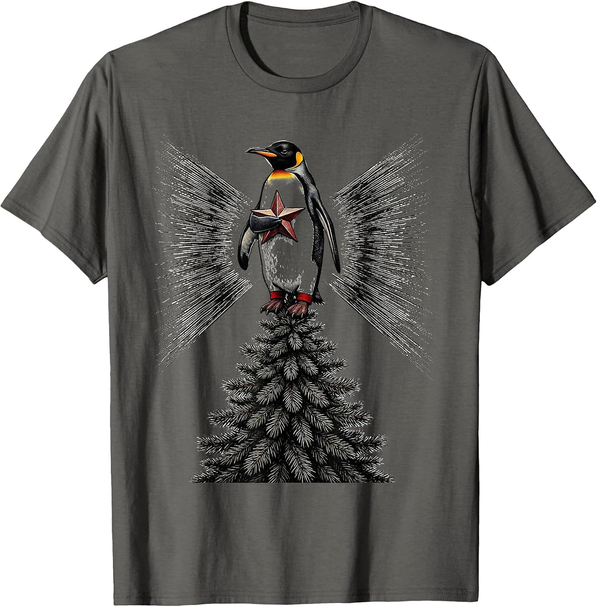 Men's Penguin in Pajamas Christmas Tree Star Holiday Humor T-Shirt - Asphalt Grey