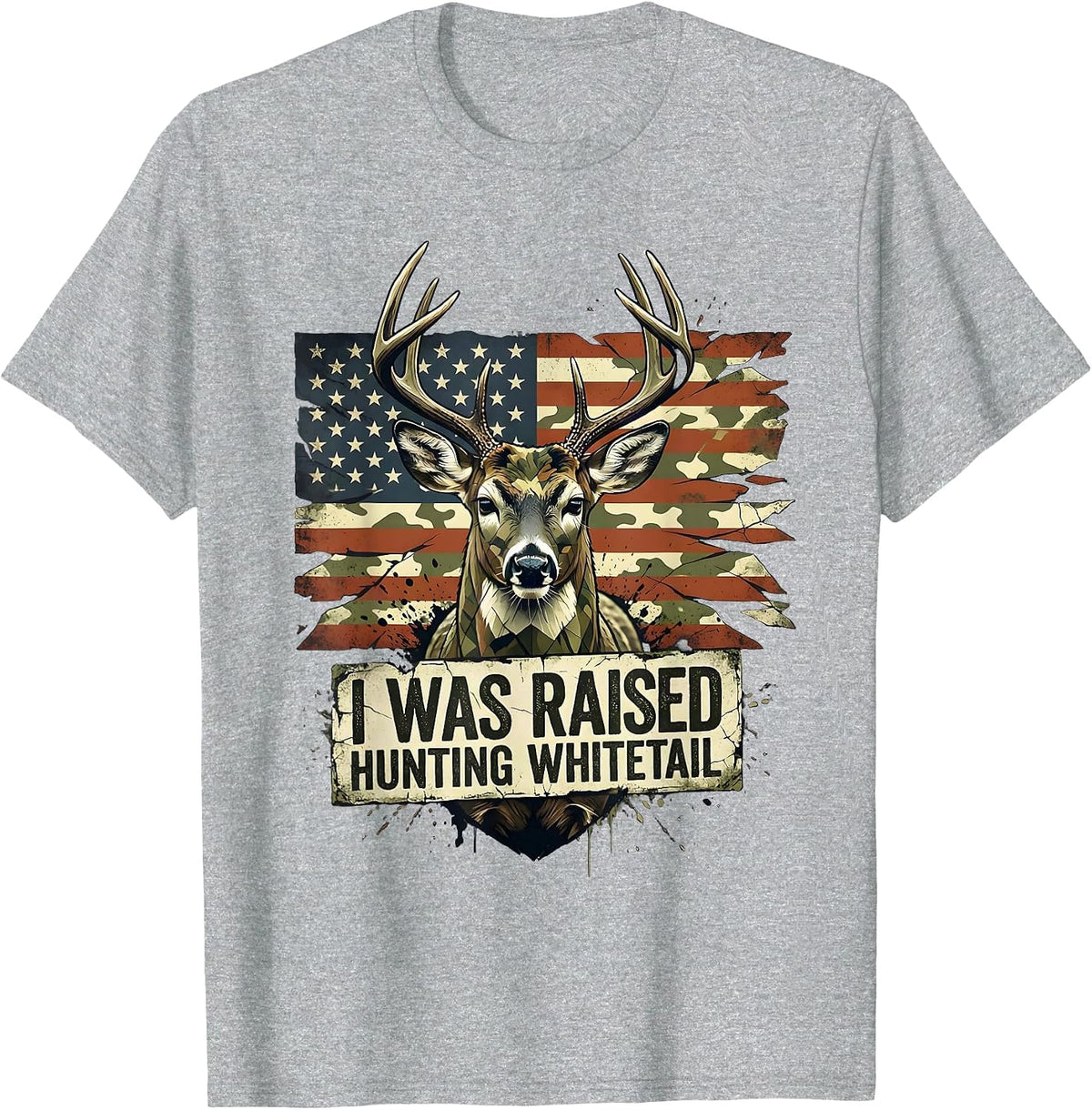 Men's I Was Raised Hunting Whitetail Distressed Camo Deer Hunter T-Shirt - Heather Grey