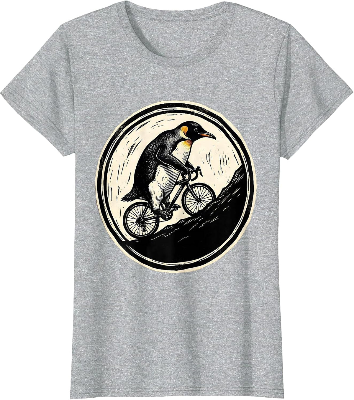 Penguin Riding a Bicycle Uphill Graphic T-Shirt - Heather Grey