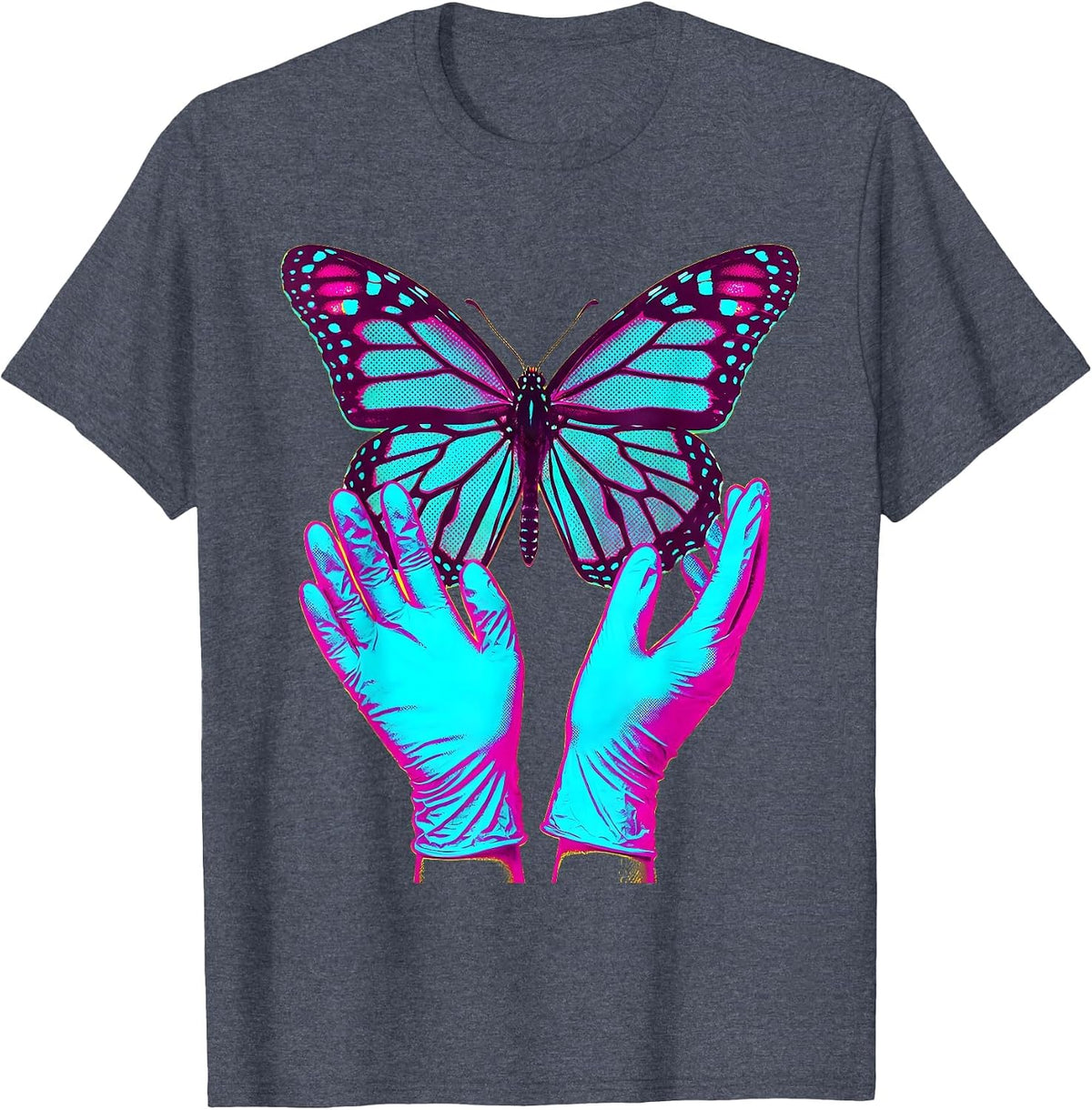 Nurse Surgical Gloves Butterfly Graphic Tee T-Shirt - Heather Blue