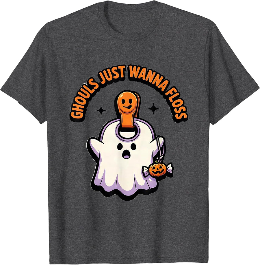 Men's Ghouls Just Wanna Floss Funny Dental Hygienist Halloween T-Shirt - Dark Heather Grey