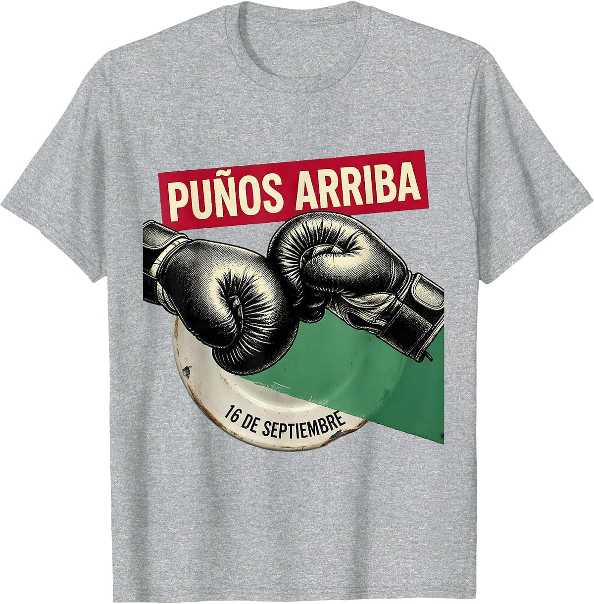 Men's 16 De Septiembre Puños Arriba Mexican Boxing Flag Vintage T-Shirt - Heather Grey