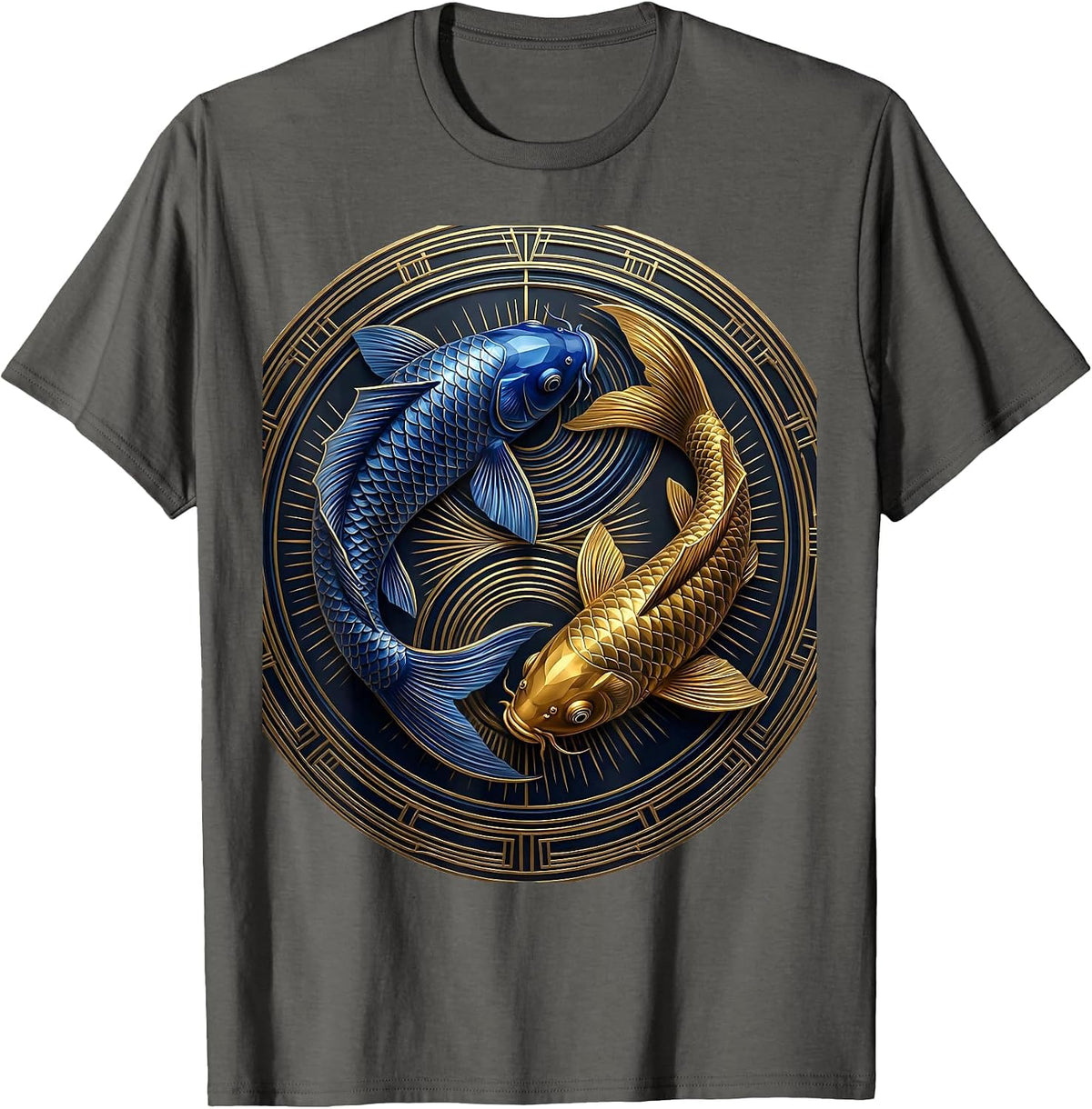 Blue and Gold Koi Fish Chase Graphic Design T-Shirt - Asphalt Grey