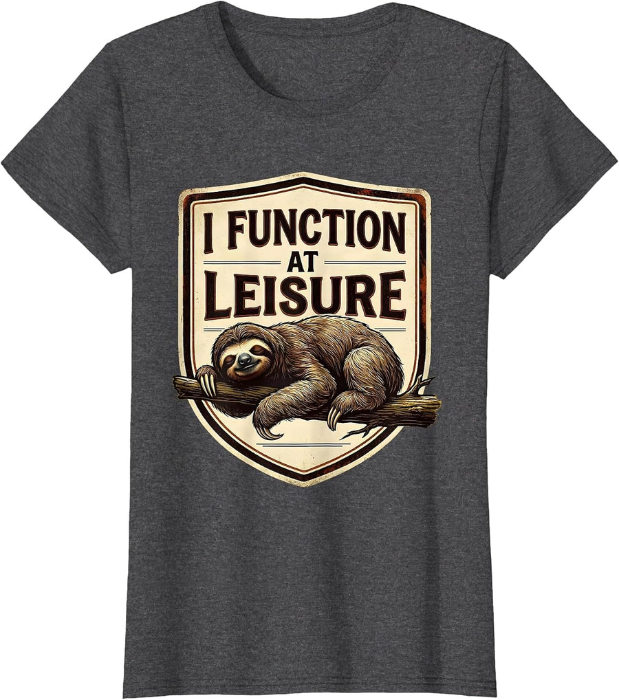 Women's I Function At Leisure Vintage Sloth Lazy Humor Novelty T-Shirt - Dark Heather Grey