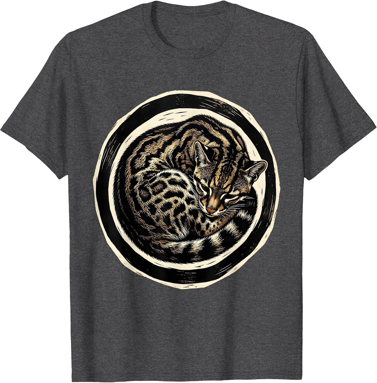 Ocelot Sleeping Curl Wild Cat Animal Print T-Shirt - Dark Heather Grey