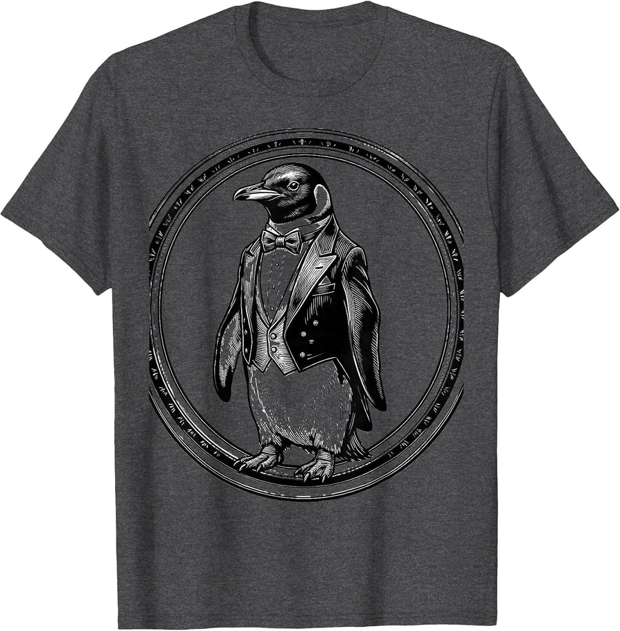 Men's Dapper Penguin Classic Tuxedo Graphic T-Shirt - Dark Heather Grey