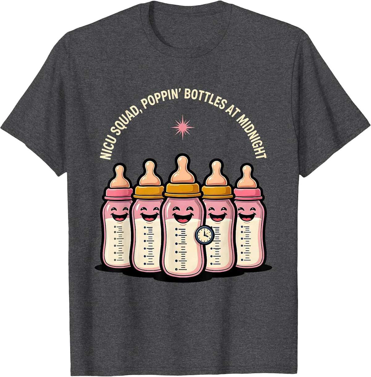 Men's NICU Squad Poppin Bottles At Midnight Nurse T-Shirt - Dark Heather Grey