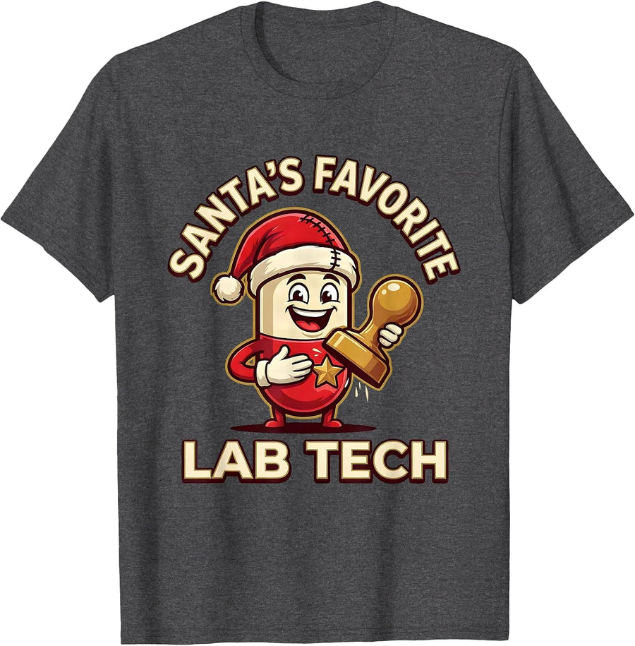 Men's Santa's Favorite Lab Tech Funny Pharmacy Tech Christmas T-Shirt - Dark Heather Grey
