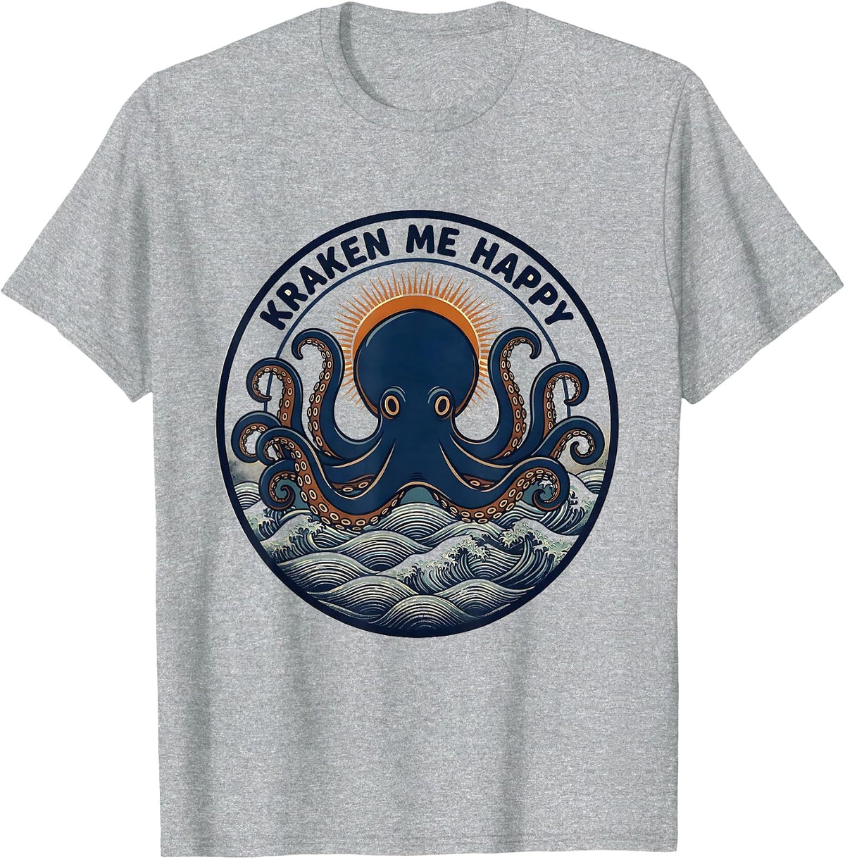 Men's Kraken Me Happy Ukiyo-e Octopus Lover Sea Creature T-Shirt - Heather Grey