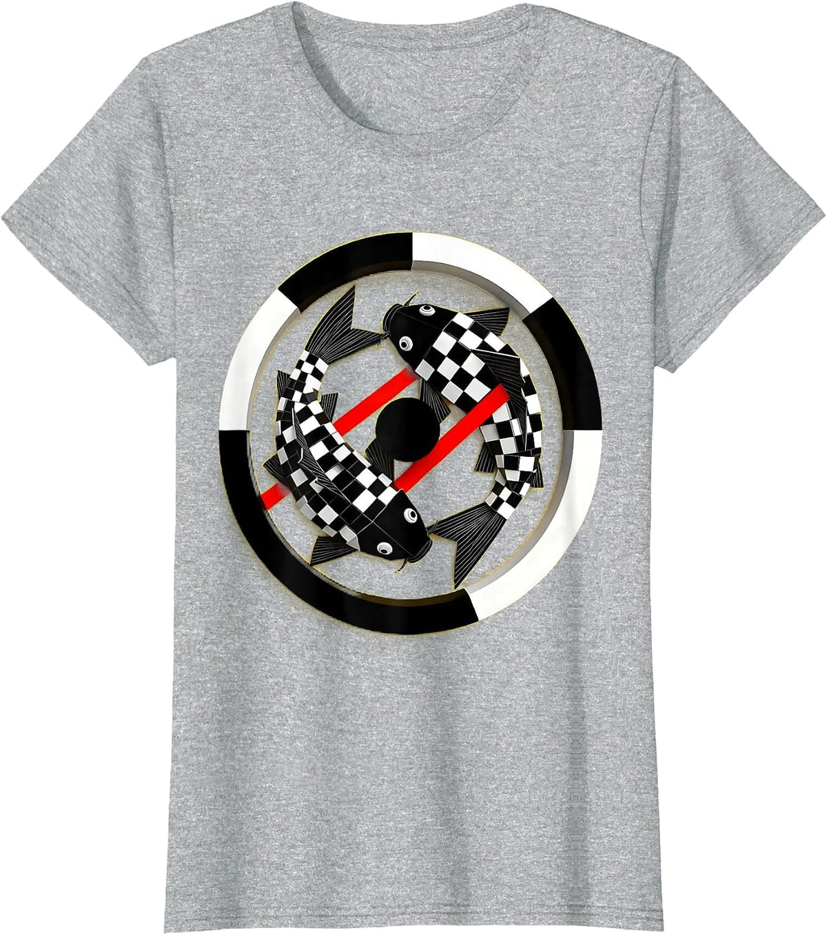 Women's Black and White Checkered Koi Fish Design T-Shirt - Heather Grey
