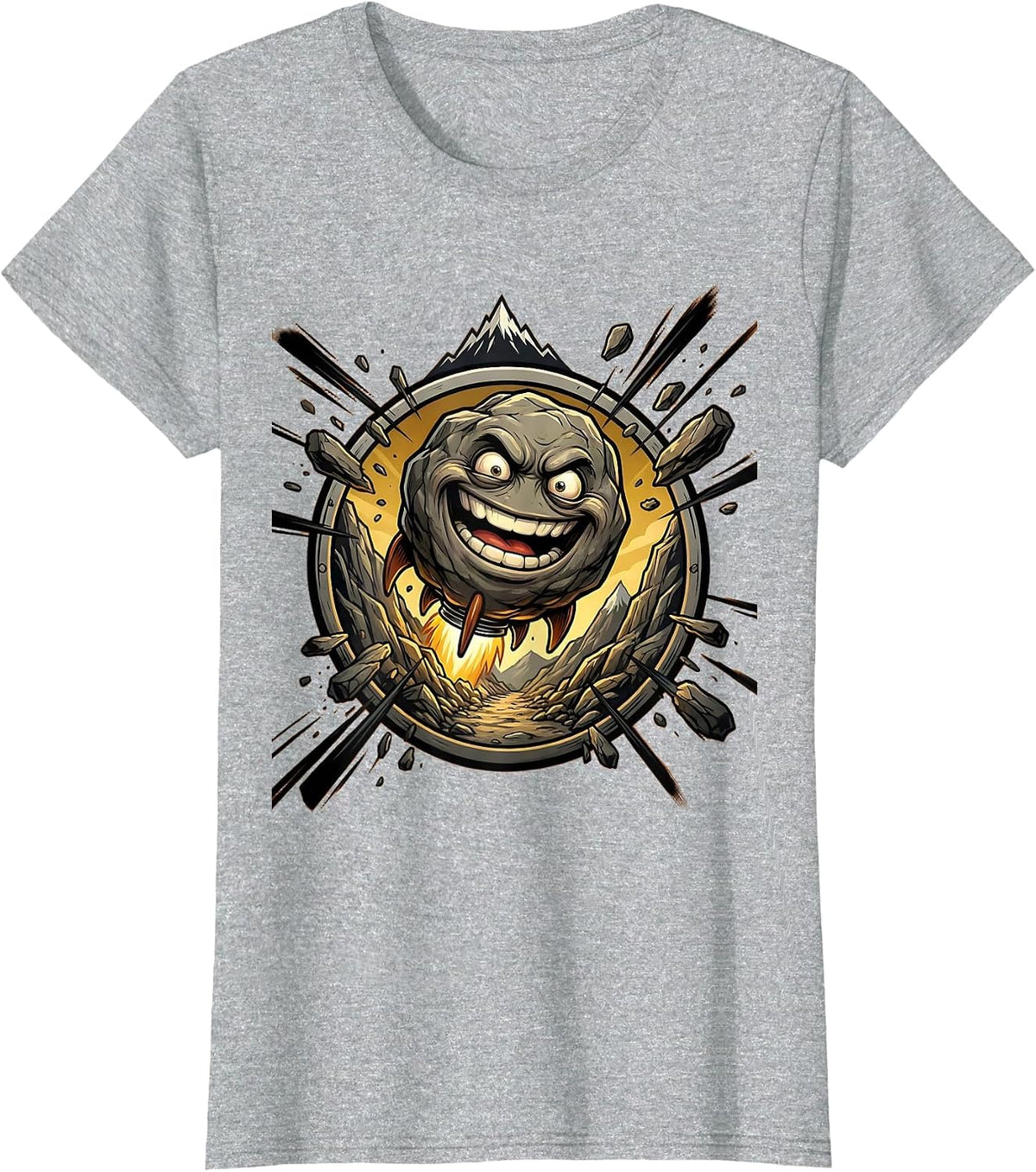 Boulder Rolling Down Mountain Graphic Tee T-Shirt - Heather Grey