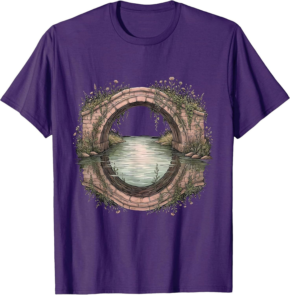 Stone Arch Bridge River Faith Illustration T-Shirt - Purple