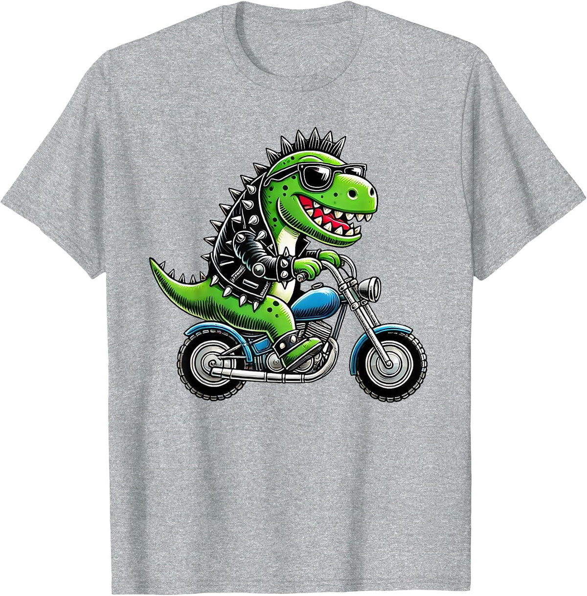 Cute Punk Biker Dinosaur, Funny Dino Riding Motorcycle, Bike T-Shirt - Heather Grey