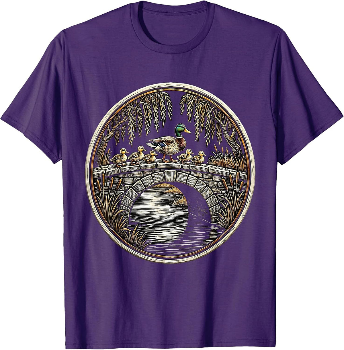 Duck Family Crossing Cobblestone Park Bridge T-Shirt - Purple