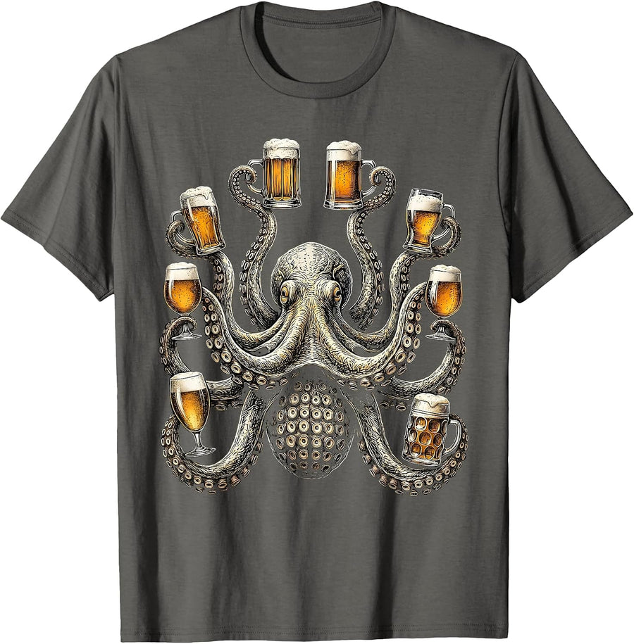 Octopus Holding Eight Beers Funny Drinking Art T-Shirt, Men, Asphalt Grey, X-Large - As Pictured