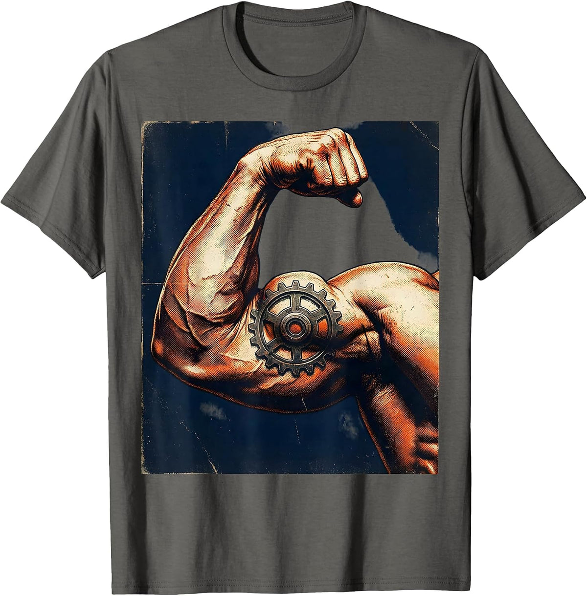 Labor Day Flexing Arm Gear Tattoo Graphic T-Shirt - Asphalt Grey