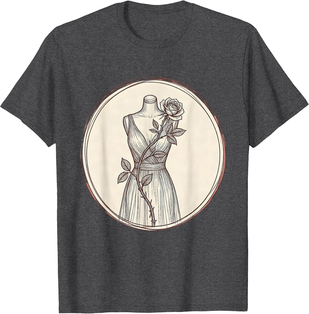 Vintage Dress Form Climbing Roses Floral Art T-Shirt - Dark Heather Grey