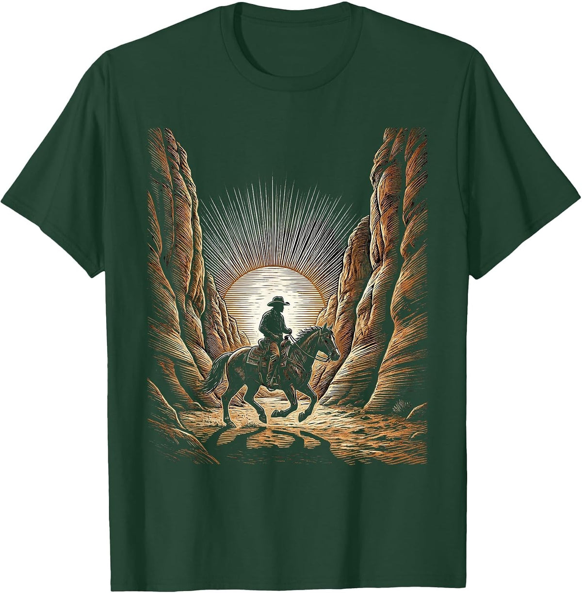 Cowboy Riding Horse Through Canyon at Dusk T-Shirt - Dark Green