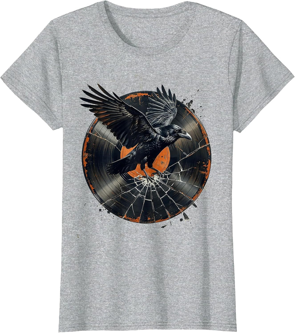 Raven on Broken Vinyl Record Rock Music Art T-Shirt - Heather Grey