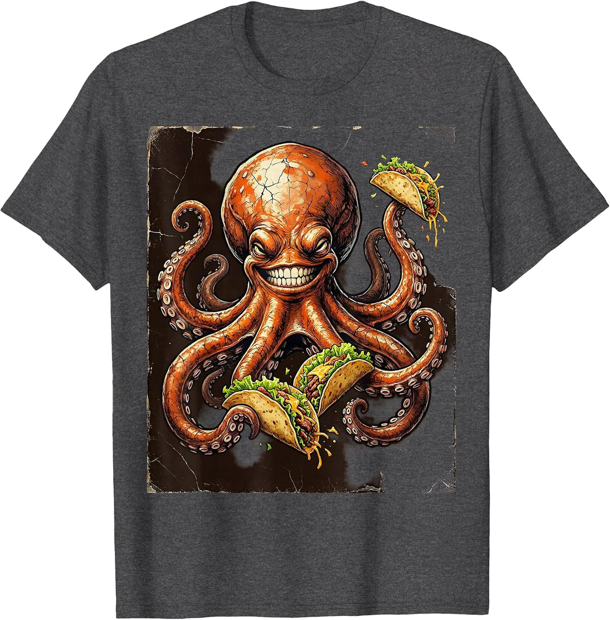 Octopus Juggling Tacos Funny Novelty Graphic Tee T-Shirt - Dark Heather Grey