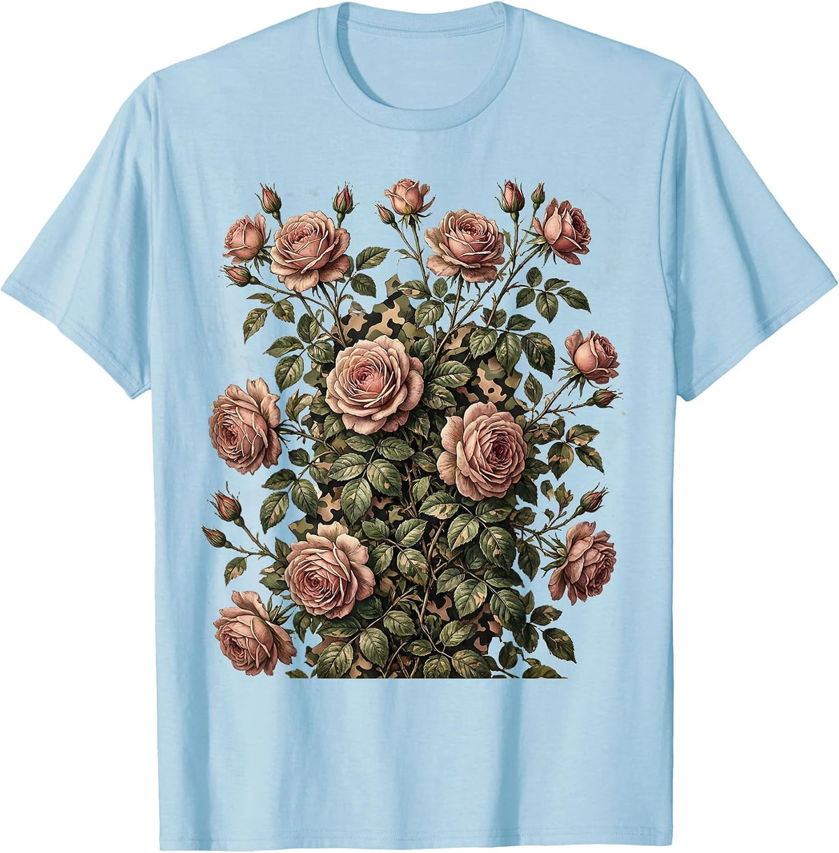 Pink Camo Climbing Roses Floral Tank Illustration T-Shirt - Baby Blue