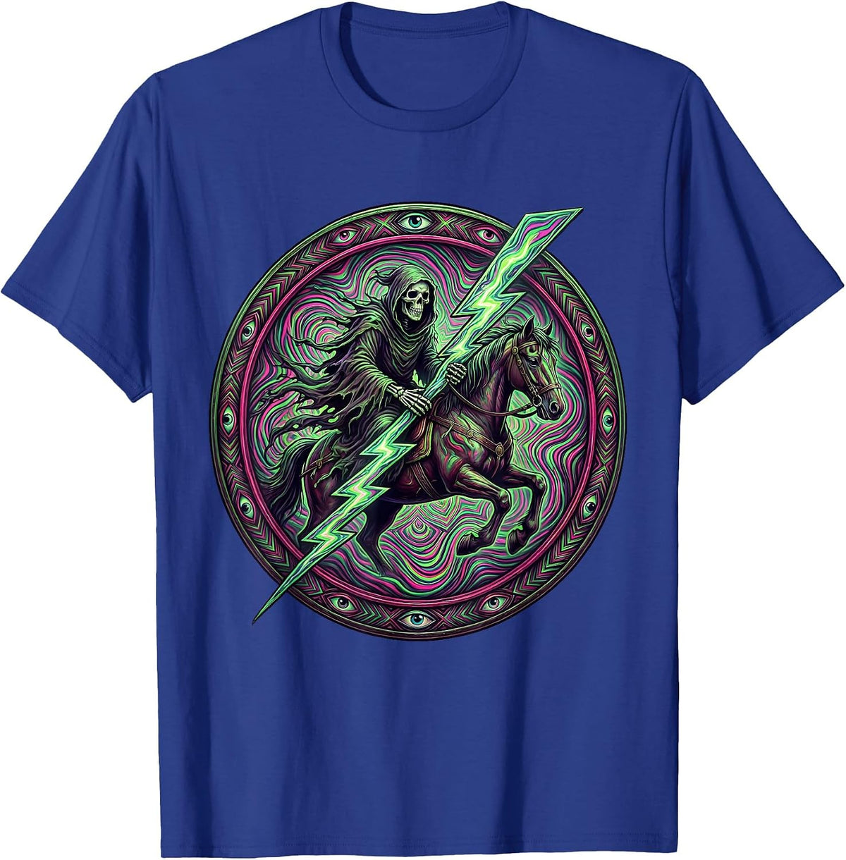 Grim Reaper Riding Lightning Bolt Heavy Metal T-Shirt - Royal Blue