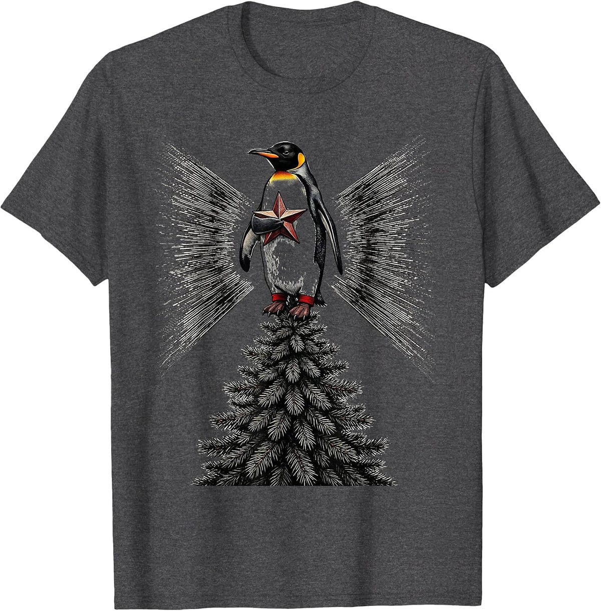 Men's Penguin in Pajamas Christmas Tree Star Holiday Humor T-Shirt - Dark Heather Grey