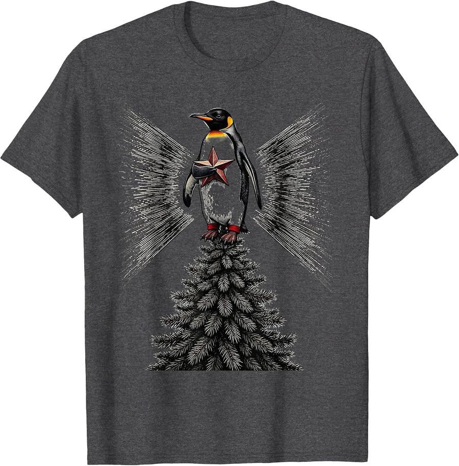 Men's Penguin in Pajamas Christmas Tree Star Holiday Humor T-Shirt - Dark Heather Grey