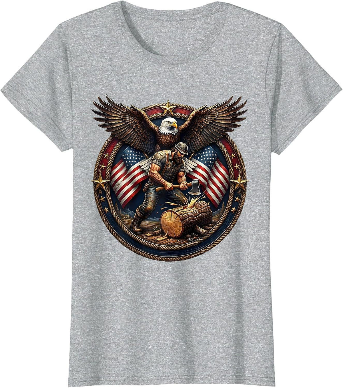 Women's American Flag Lumberjack Chopping Wood Graphic T-Shirt - Heather Grey