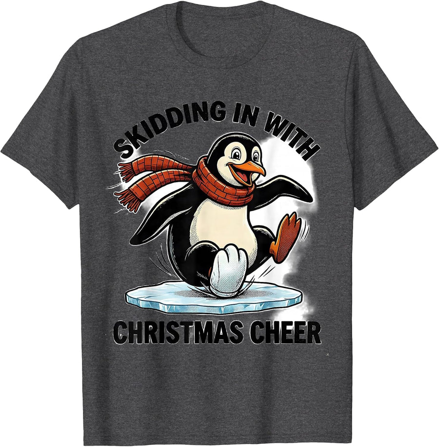 Men's Skidding In With Christmas Cheer Retro Cartoon Penguin Lover T-Shirt - Dark Heather Grey