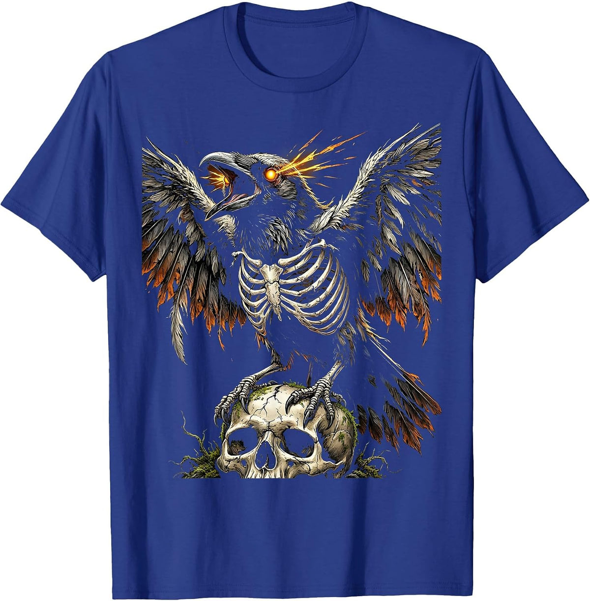 Skeletal Crow Glowing Eyes Dark Gothic Art T-Shirt - Royal Blue