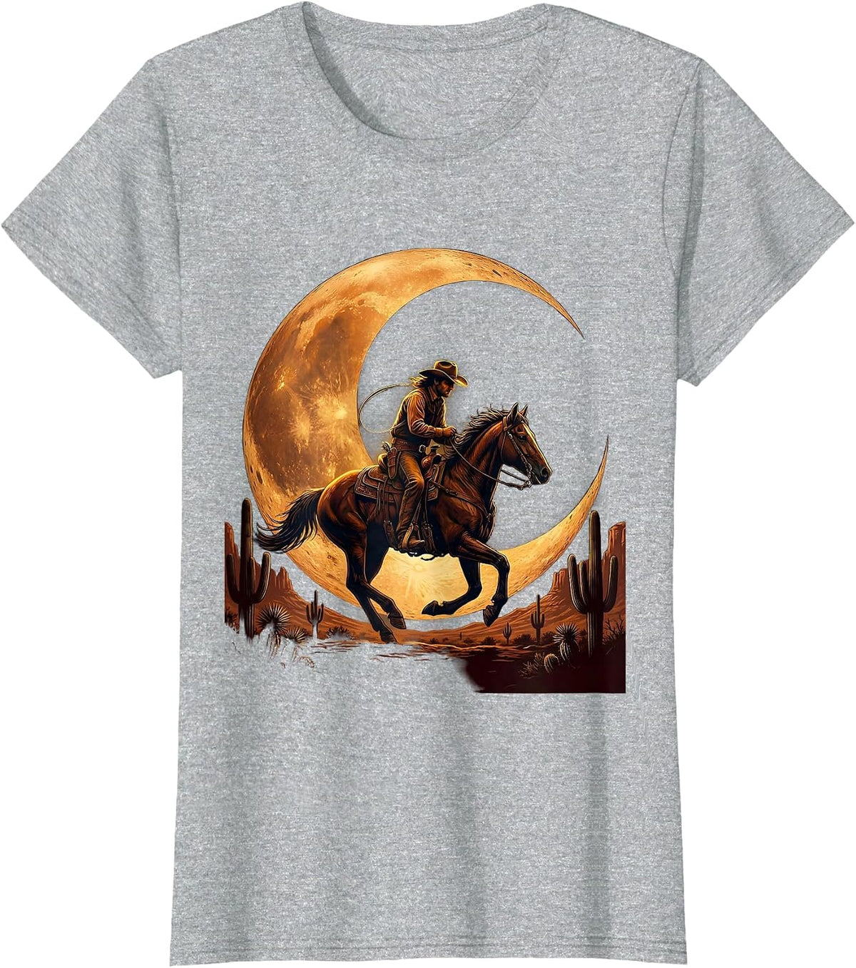 Cowboy Riding Silhouette Crescent Moon Design T-Shirt - Heather Grey