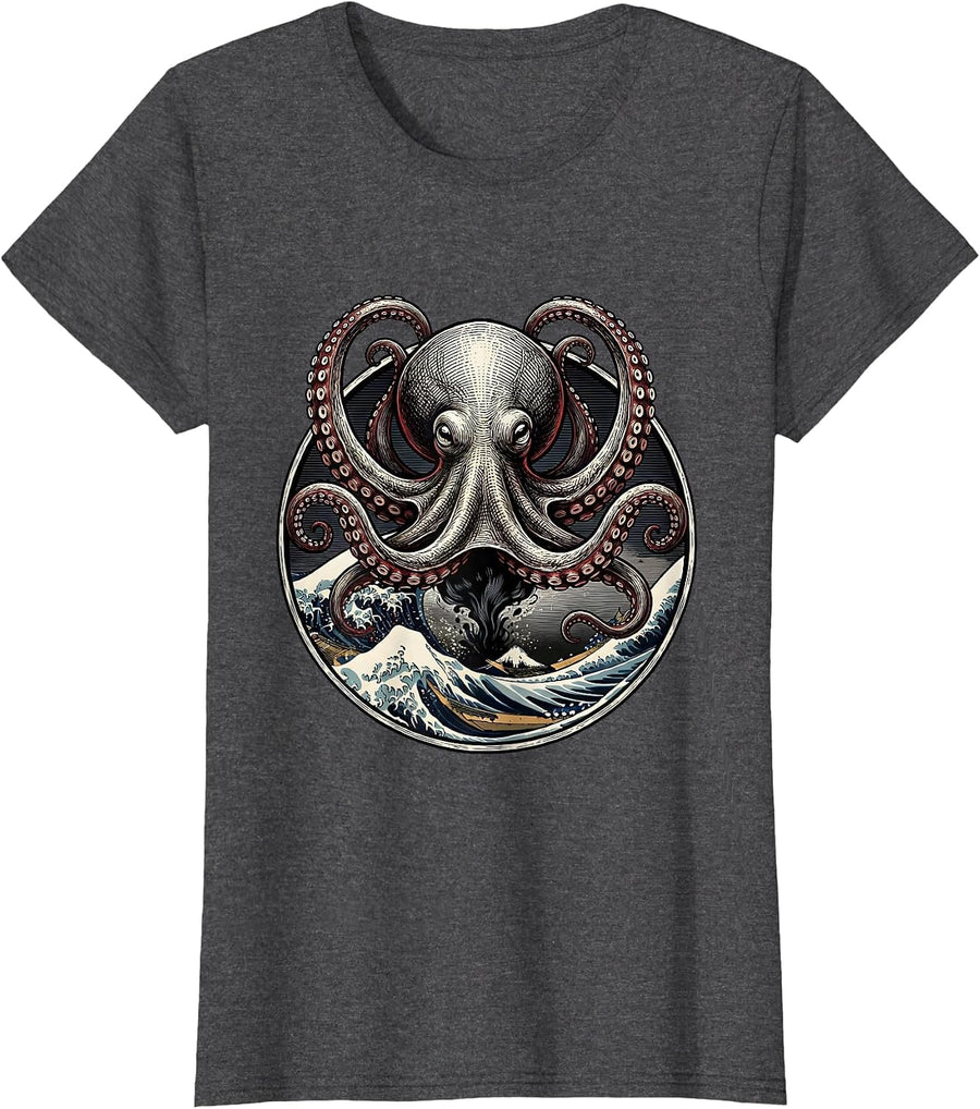 Women's Sealed Octopus Badge Vintage Marine Biologist Ocean Lover T-Shirt - Dark Heather Grey