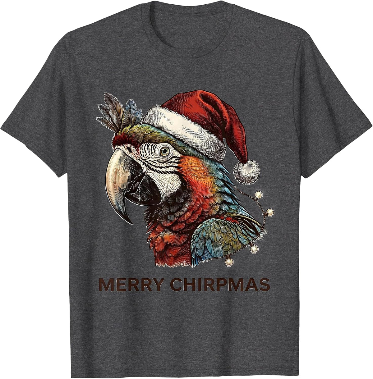 Men's Merry Chirpmas Crosshatch Etching Parrot Lover Christmas T-Shirt - Dark Heather Grey