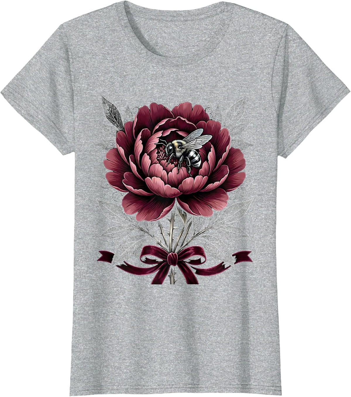 Gigi Bold Peony Bloom with Bee Illustration T-Shirt - Heather Grey