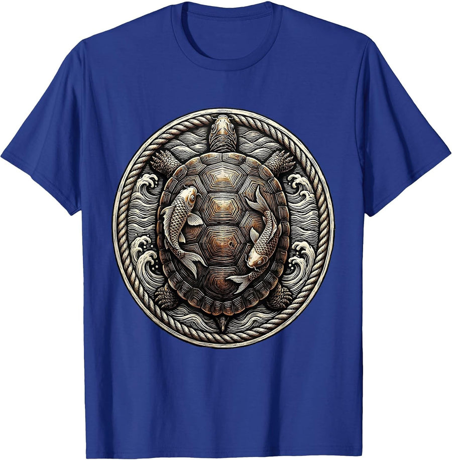 Koi Patterned Turtle Shell Graphic Design T-Shirt - Royal Blue