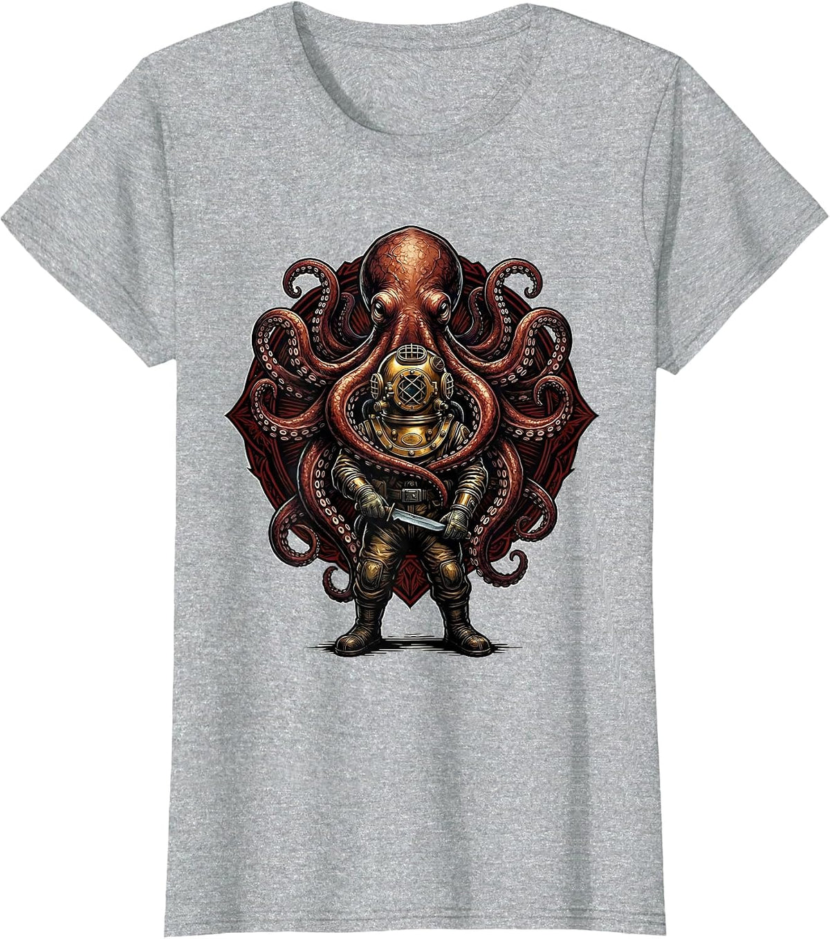 Deep Sea Diver vs Giant Octopus Cruise Design T-Shirt - Heather Grey