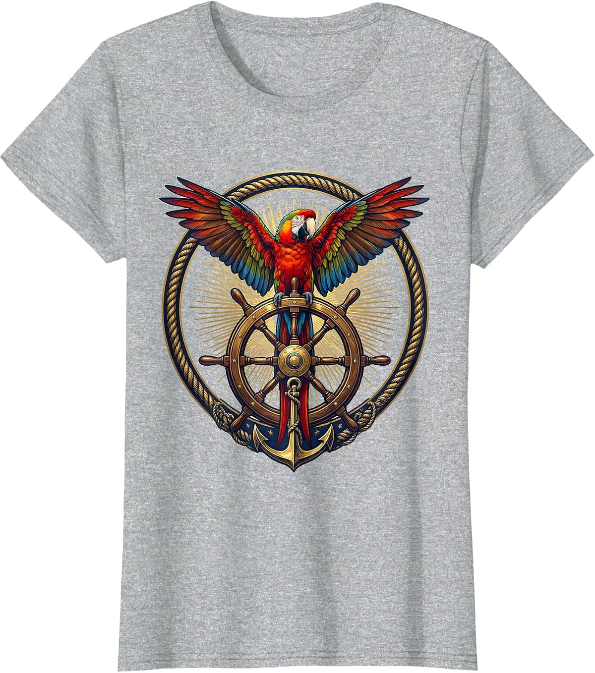 Tropical Parrot Ship Steering Wheel Cruise T-Shirt - Heather Grey