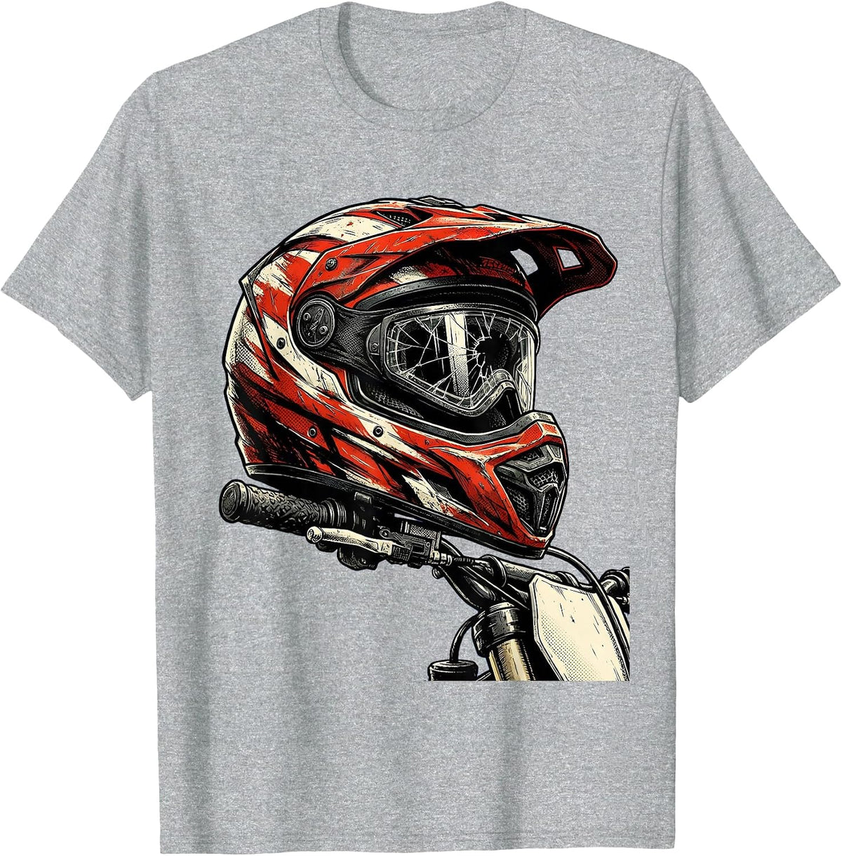 Men's Worn Motocross Helmet on Handlebars Dirt Bike T-Shirt - Heather Grey