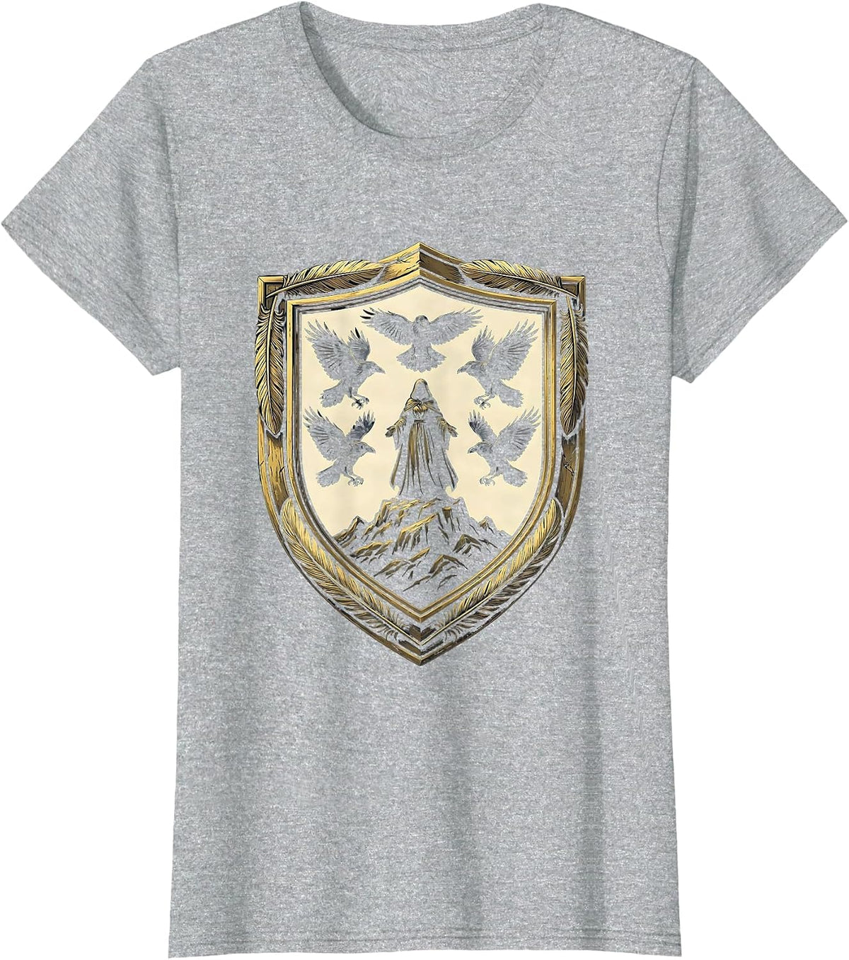 Women's Crows Circling Lone Figure on Hilltop Design T-Shirt - Heather Grey