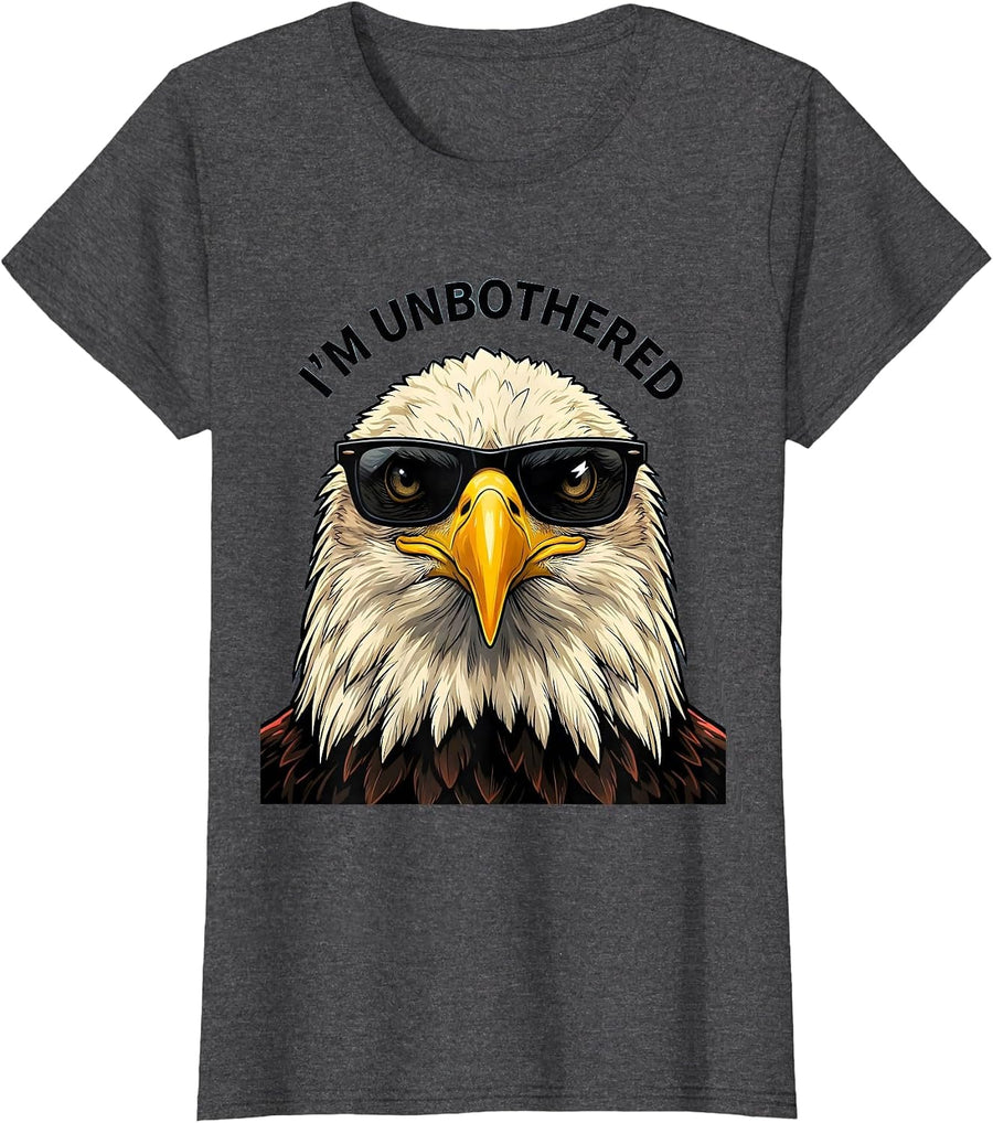 Women's I'm Unbothered Cartoon Bald Eagle Sunglasses Novelty Humor T-Shirt - Dark Heather Grey