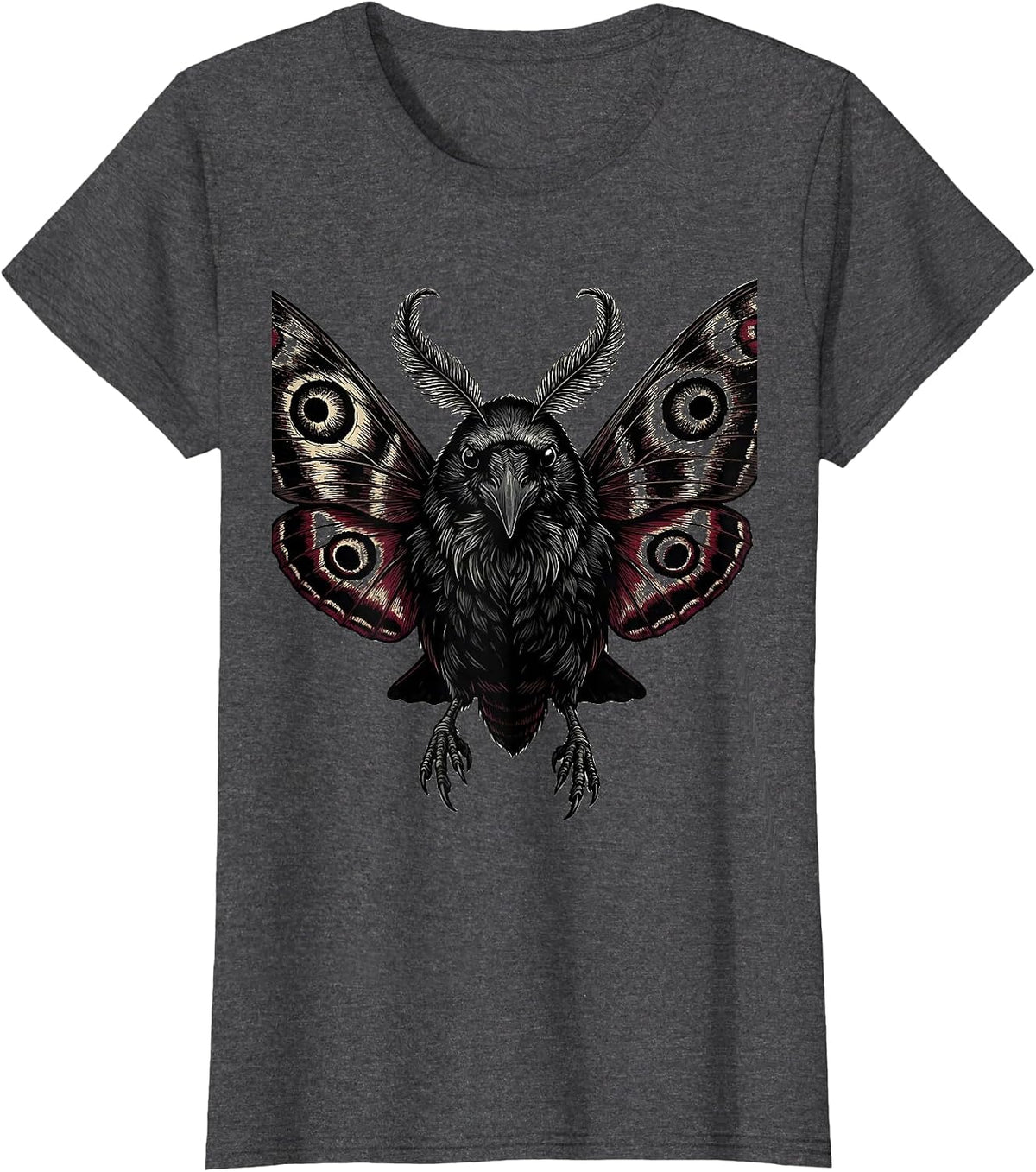 Women's Crow Moth Wings Hybrid Creature Illustration T-Shirt - Dark Heather Grey