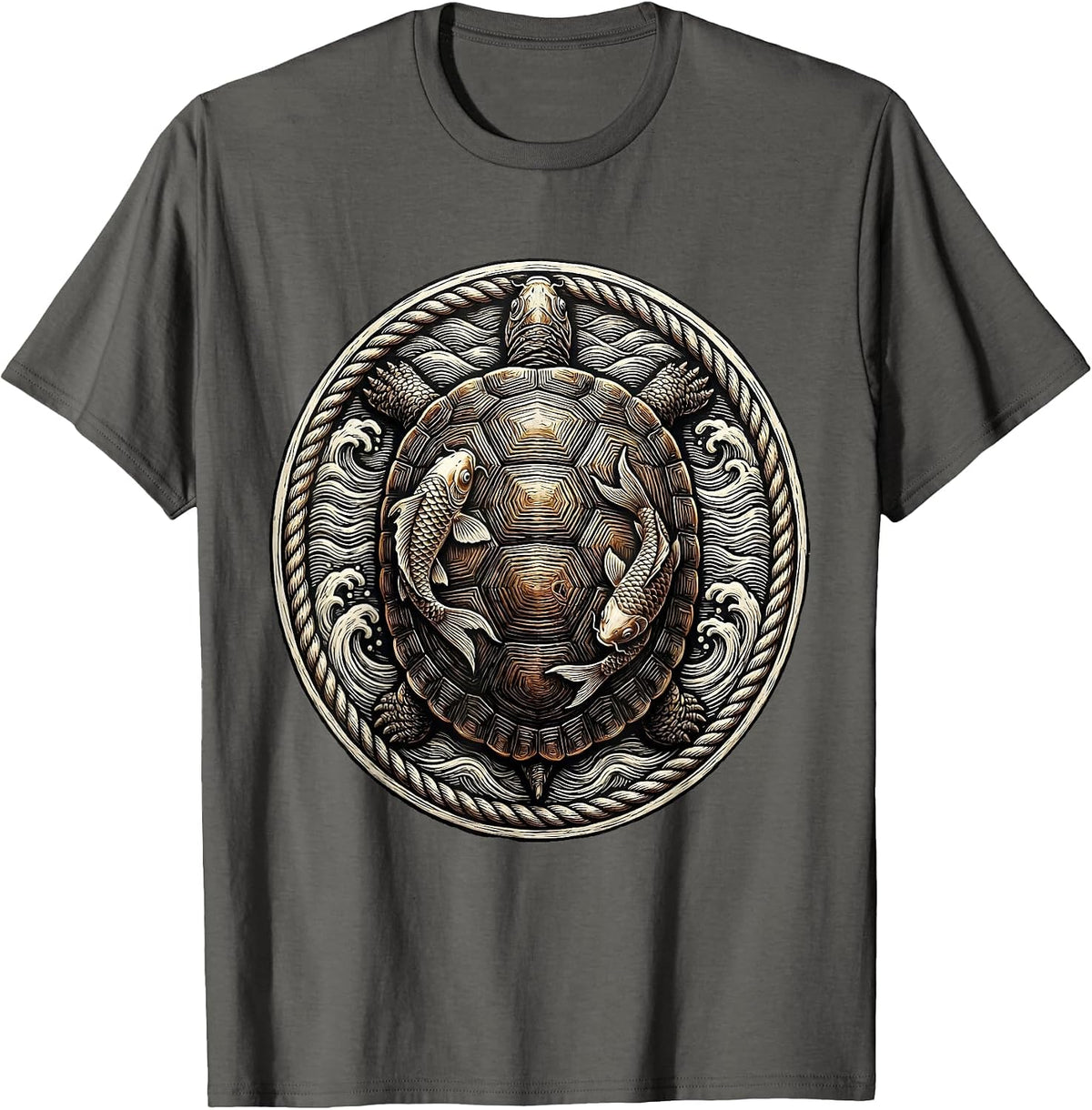 Koi Patterned Turtle Shell Graphic Design T-Shirt - Asphalt Grey