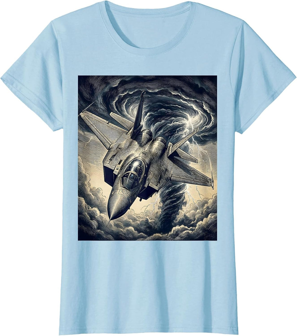 Women's Fighter Jet Diving Through Storm Clouds Design T-Shirt - Baby Blue