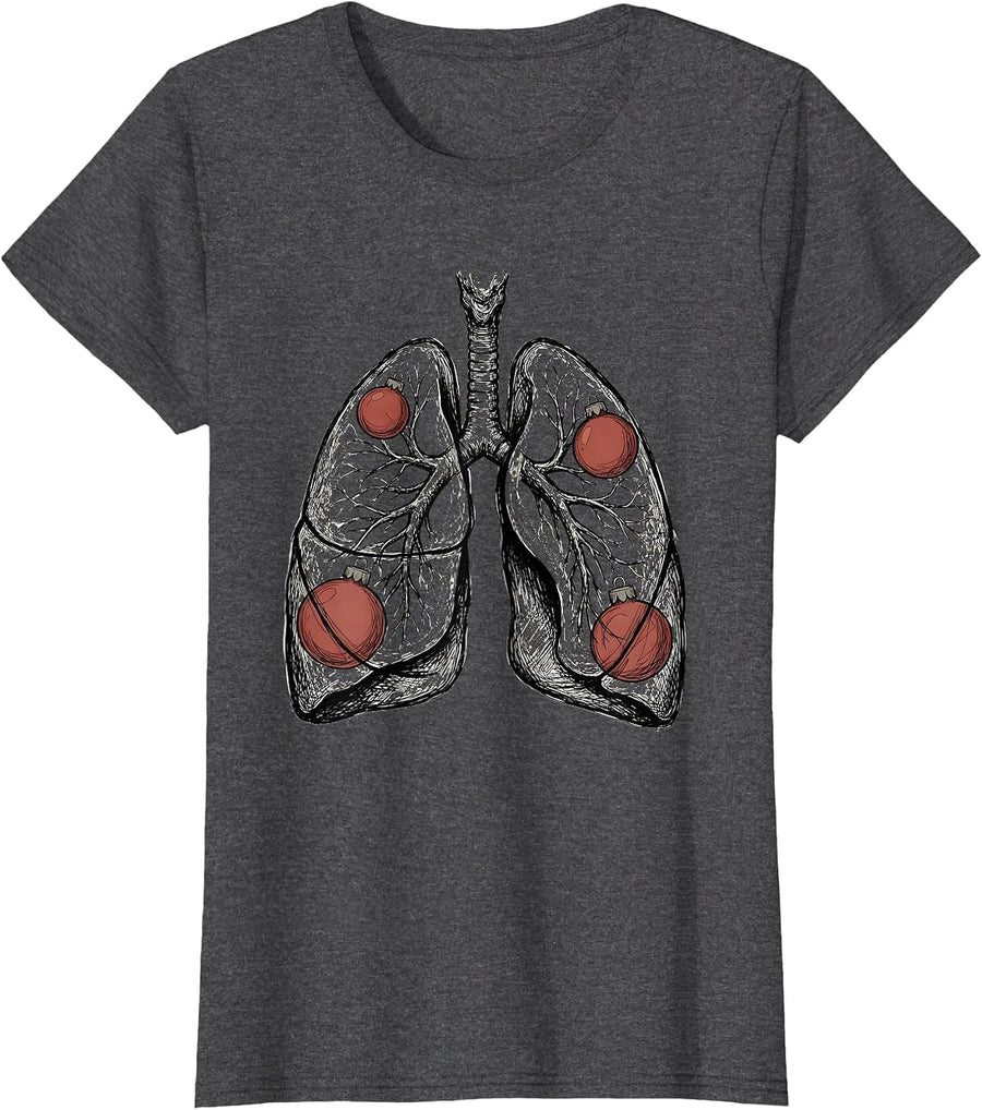 Women's Lung Garland Hand-Sketched Respiratory Therapist Christmas T-Shirt - Dark Heather Grey