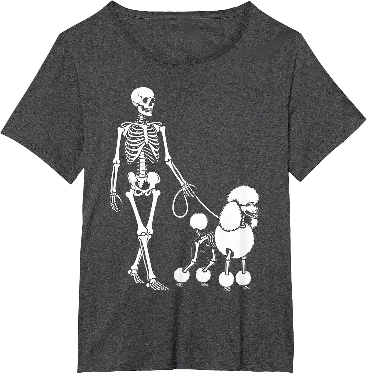 Skeleton Walking Poodle Dog Lovers Halloween Humor T-Shirt - Dark Heather Grey